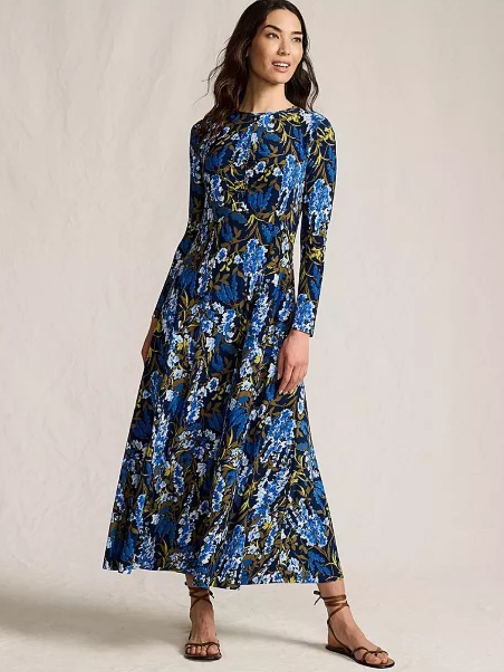 Wore once! Lands' End Blue Floral Long-Sleeve Maxi Dress - Brunch Wedding Guest